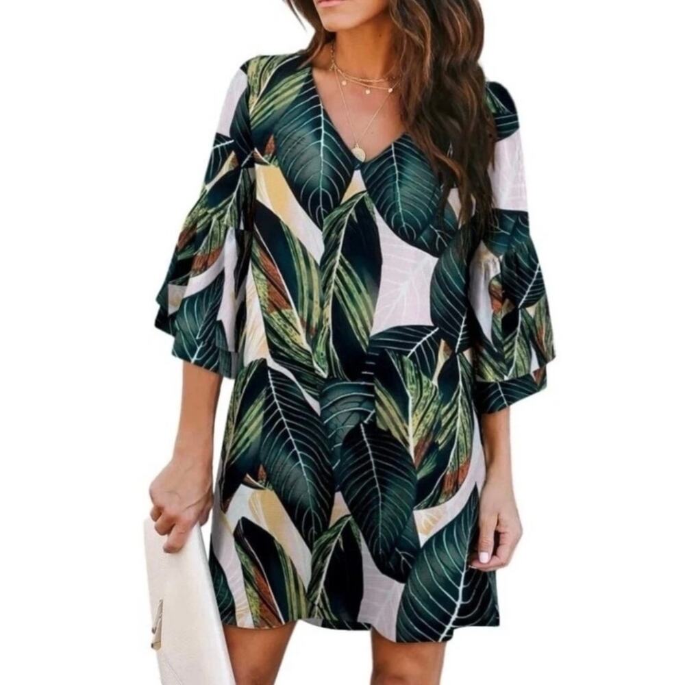 Belongsci Tropical Leaf Ruffle Sleeve Shift Dress Size M